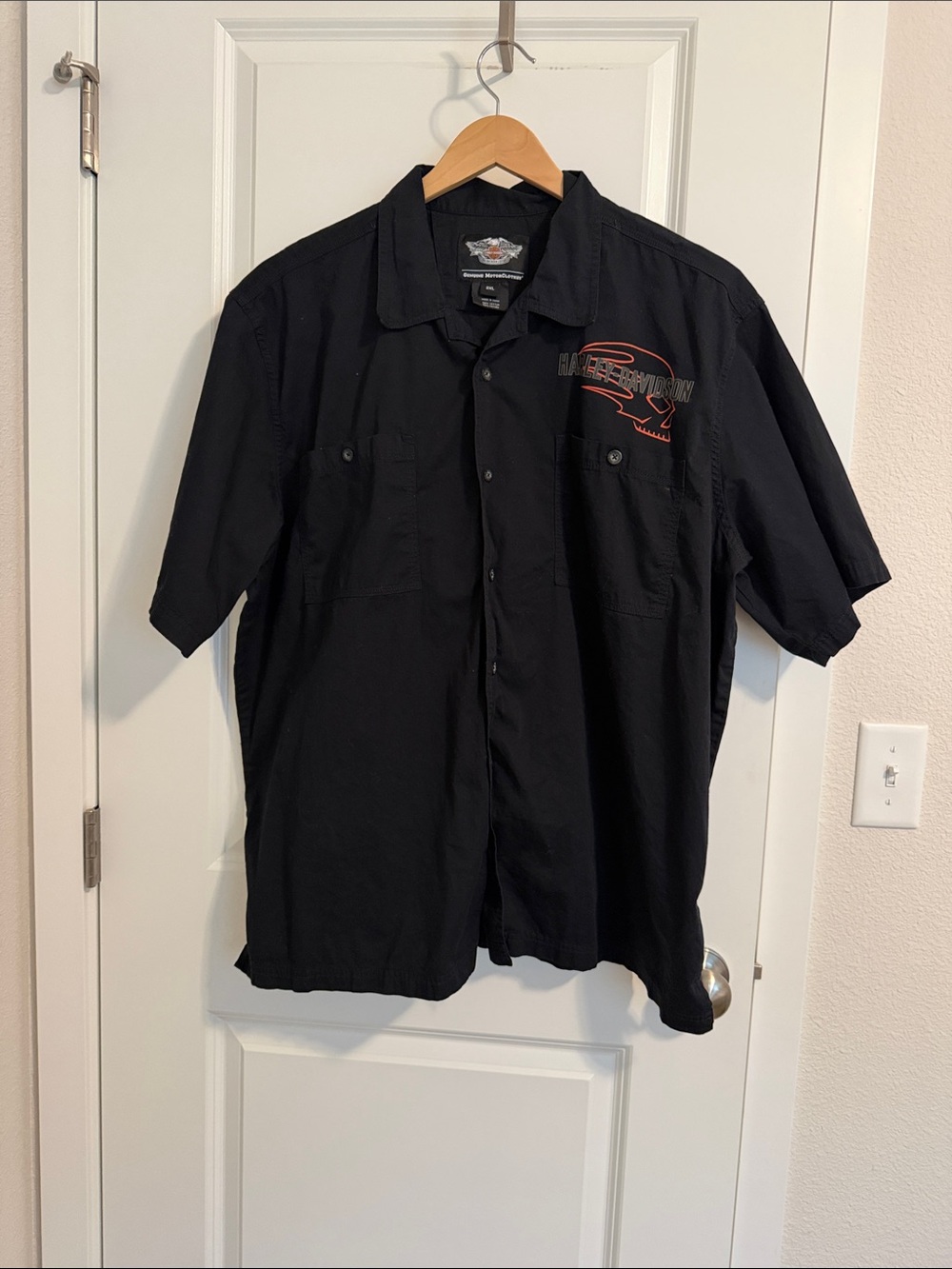 Harley-Davidson Black Short-Sleeve Button-Down Shirt with Orange Logo